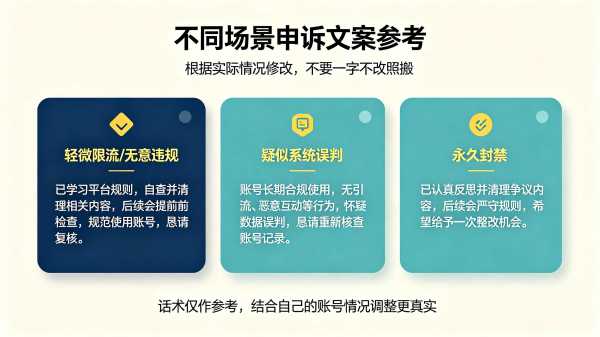 限流误封永久封禁通用申诉话术 不同封禁场景文案参考