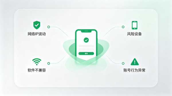 梳理网络 IP 波动、风险设备、软件不兼容、账号行为异常四类拦截原因 登录环境异常四大风险成因图形展示